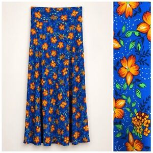 LuLaRoe Cottagecore Maxi Skirt XL Blue Orange Floral Fold Over Waist Tropical
